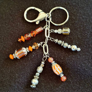 NEW Orange Silver Beaded Crystal Bag Charm Keychain Handmade One of a Kind